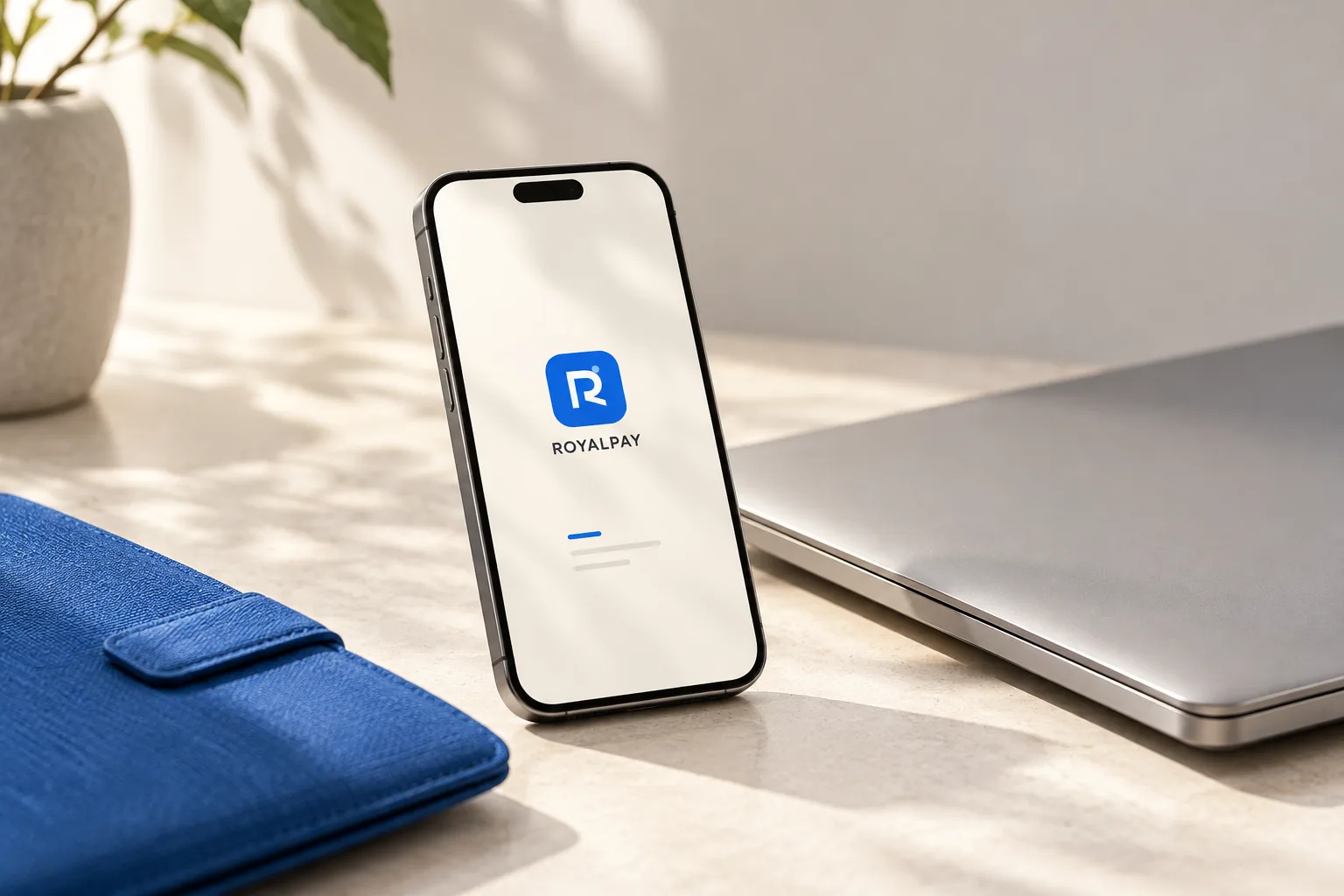RoyalPay Pocket의 모바일 경험과 연결 기기를 구성한 연출 목업